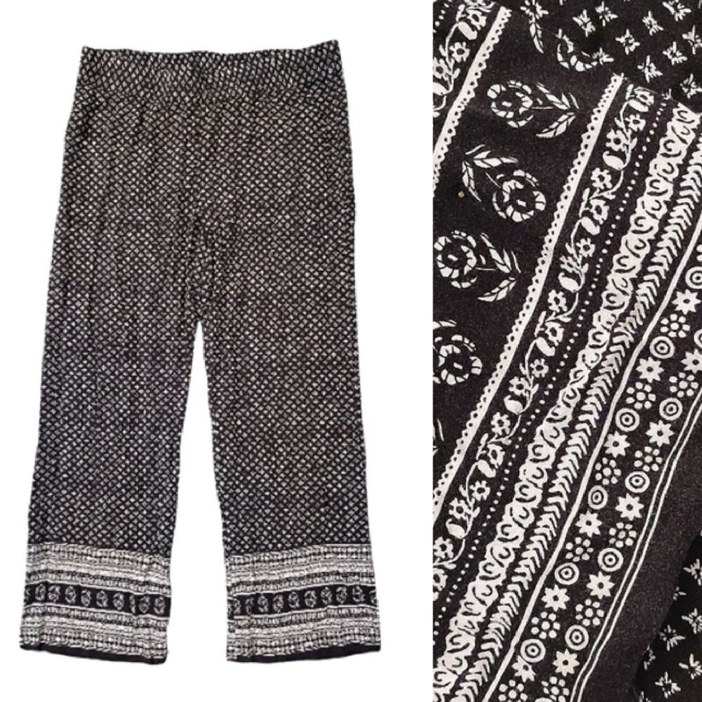 Cynthia Rowley Black White‎ Floral Pull On Rayon Palazzo Pants Size Large